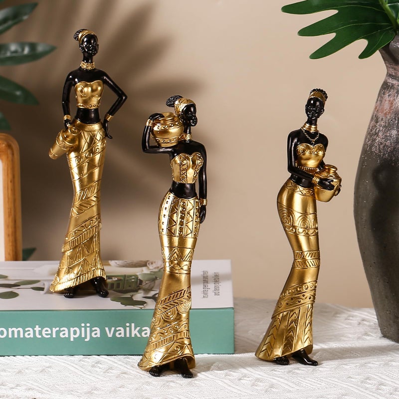 CYYKDA 3 Pack African Art Sculptures- Vintage African Statues For Home Decor- Women's Tribal African American Figurines- Bookshelf  Office Decor- Deal For Birthday  Christmas  Thanksgiving  Mom Gifts-Gold - Image 2